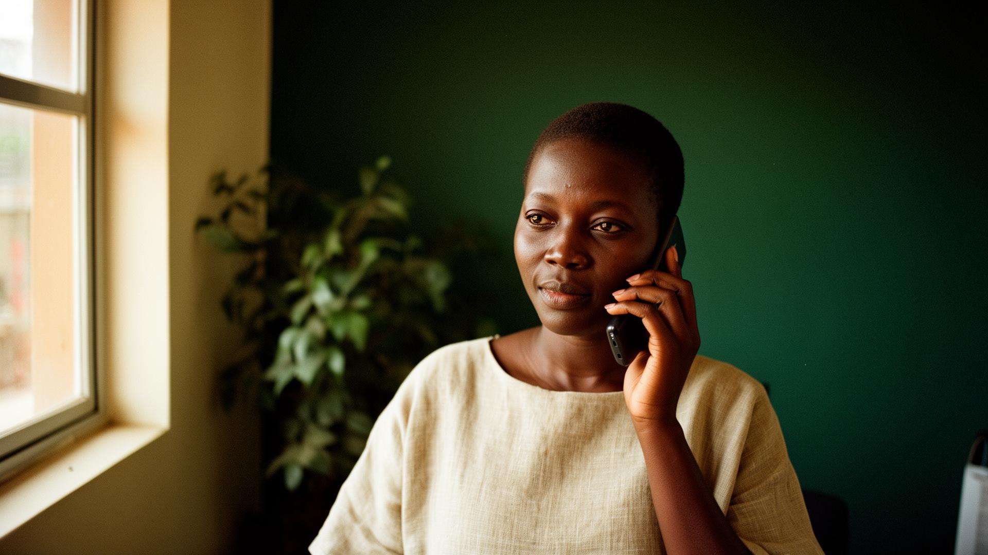 A receptionist at an Accra wellness clinic taking a call